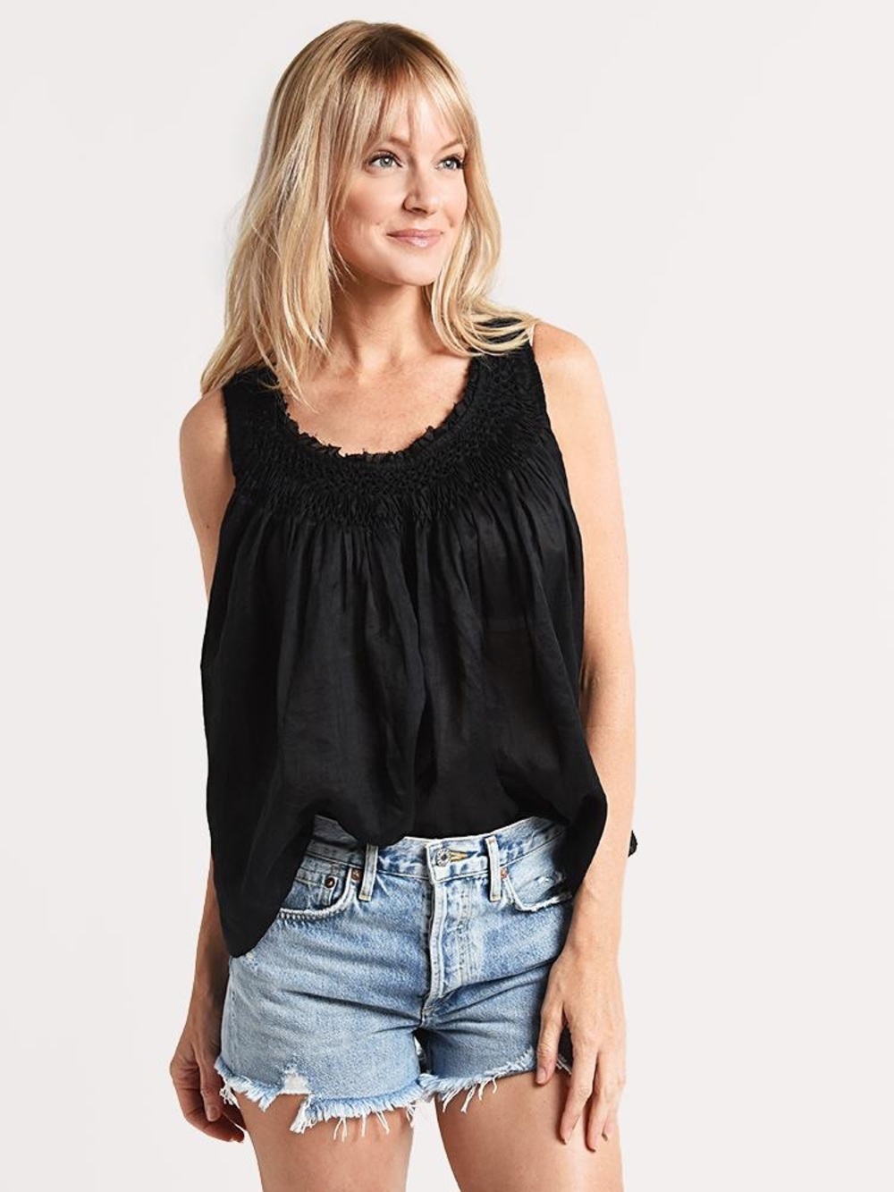 Frame Smocked Yoke Top Flowy Tank Sleeveless Scoop Neck Relaxed Fit Black